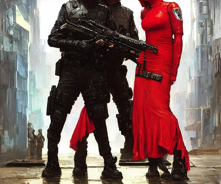 Image similar to Sara evades sgt Griggs. Cyberpunk hacker in red escaping Menacing Cyberpunk police trooper wearing a combat vest. (dystopian, police state, Cyberpunk 2077, bladerunner 2049). Iranian orientalist portrait by john william waterhouse and Edwin Longsden Long and Theodore Ralli and Nasreddine Dinet, oil on canvas. Cinematic, vivid colors, hyper realism, realistic proportions, dramatic lighting, high detail 4k