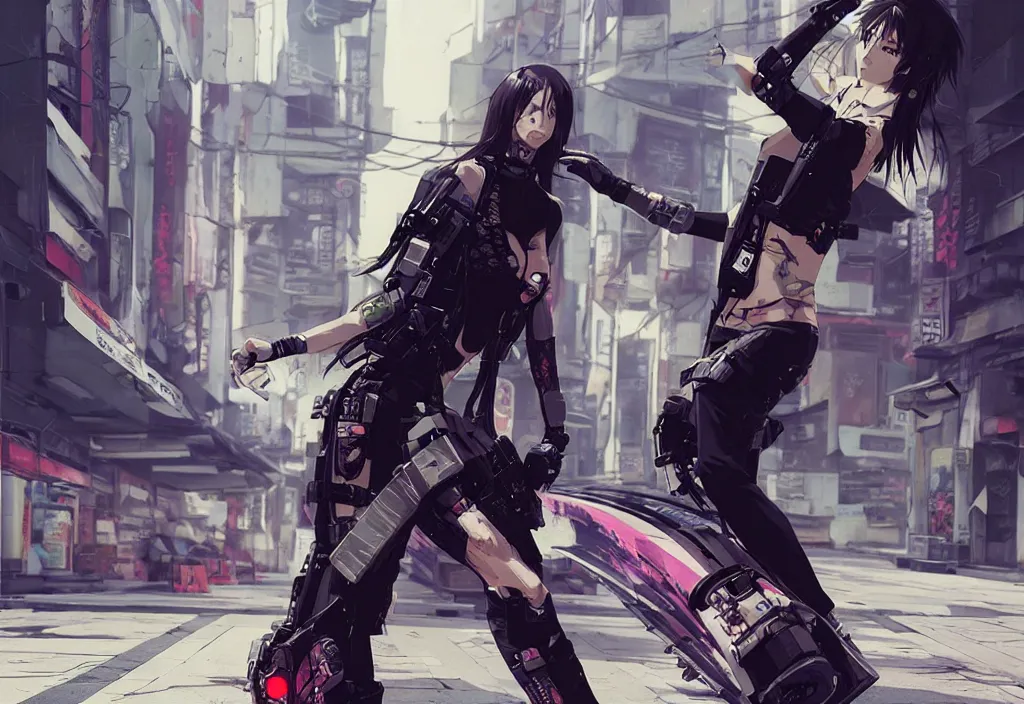 Image similar to hyper - realistic cyberpunk anime woman flip skateboard, sport, action tokyo street, extreme detail, good face, model, concept art, in style of yoji shinkawa, pan ren wei, col price, atey ghailan, by greg rutkowski, aesthetic