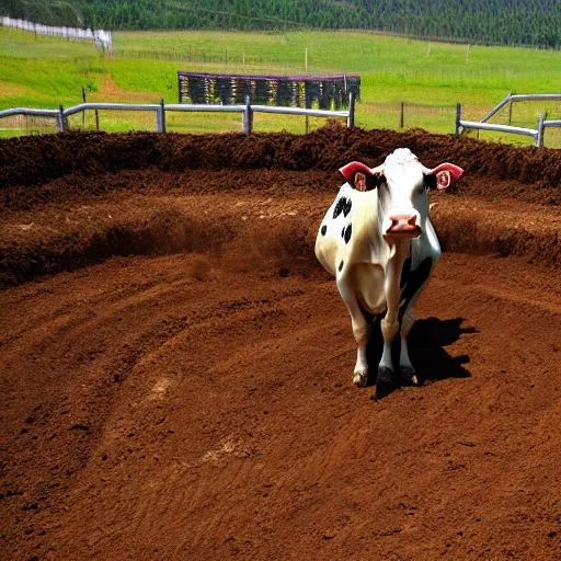 Prompt: a cow standing in a motocross track