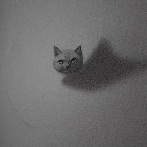 Image similar to a tiny cat casting an horrible shadow on a gigantic wall behind, detailed sketch, moebius