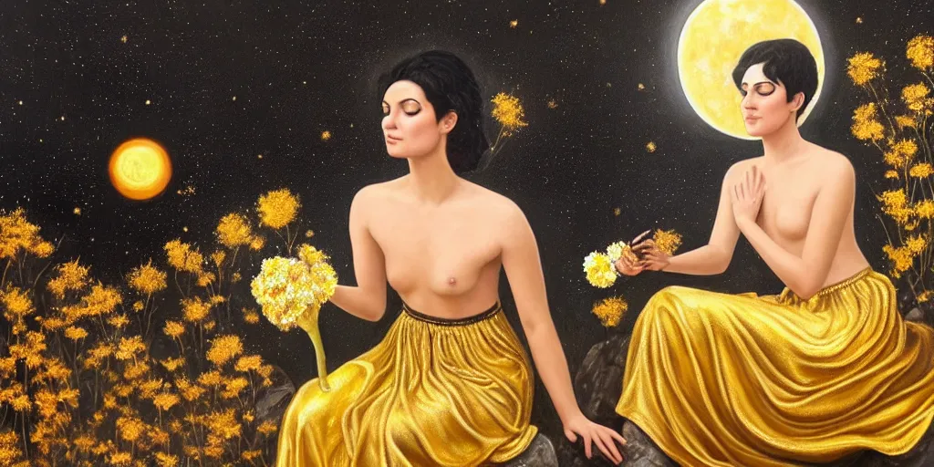 Prompt: very realistic beautiful painting of a goddess with short black hair with golden details in it wearing a long metallic golden skirt covering her whole body holding flowers and levitating a pear, sun on the left moon on the right as she is sitting on a rock at night time, hyper realistic 8K HD, highly detailed