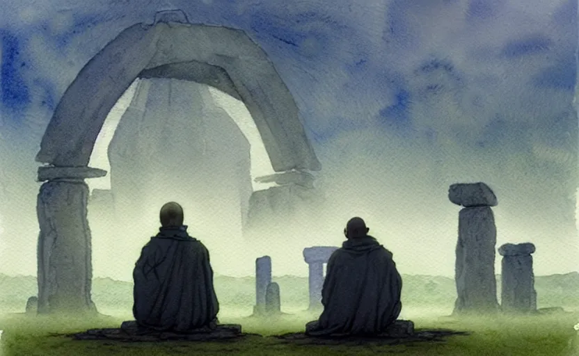 Image similar to a hyperrealist watercolour character concept art portrait of one small grey medieval monk kneeling down in prayer in front of a floating portal above a complete stonehenge monument on a misty night. a ufo is in the sky. by rebecca guay, michael kaluta, charles vess and jean moebius giraud