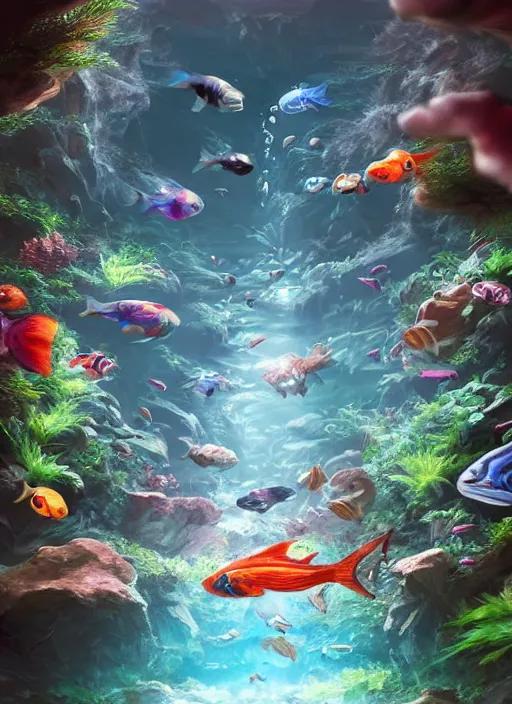 Image similar to people observing lots of beautiful fish in an underground aquarium corridor, in the style of artgerm, fantasy art, ray tracing, water droplets, highly detailed, artstation trend, highly detailed and intricate, sharp focus, photography, unreal engine 5