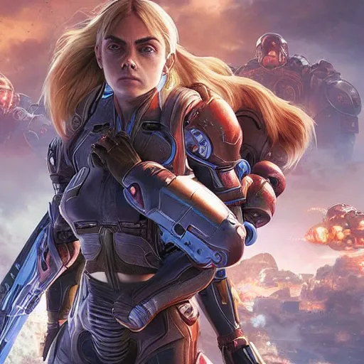 Prompt: Symmetric movie poster of Cara delevingne as Samus Aran , Gears of War cover art, ultra wide lens shot,cinematic lighting, beautiful,art by Artgerm and Greg Rutkowski and Alphonse Mucha