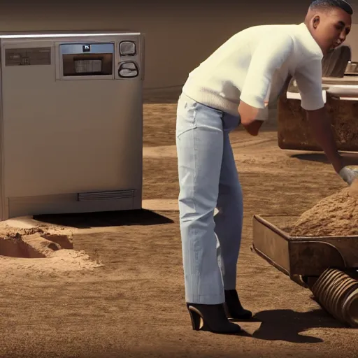 Image similar to kim kardashian repairing the dishwasher in the middle of dirt, photorealist, ultra hd, unreal engine