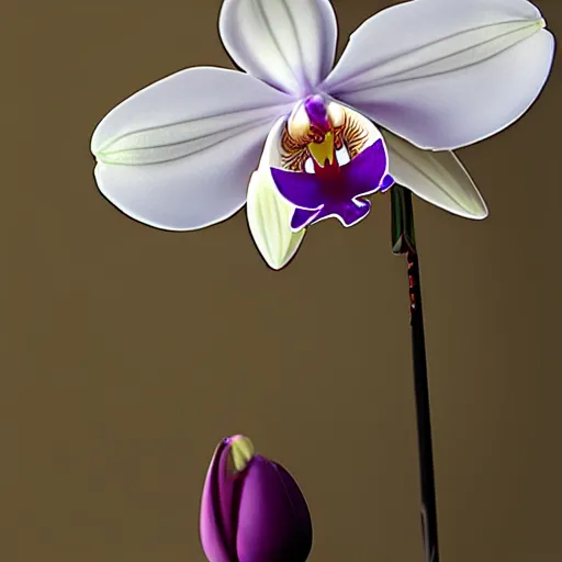 Prompt: an orchid flower, made of metal, cybertronic, reflective, glowing, unreal engine