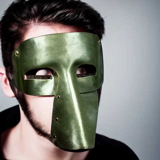 Prompt: photo of a man with a metal mask, green eyes and a black leather jacket, dramatic lighting