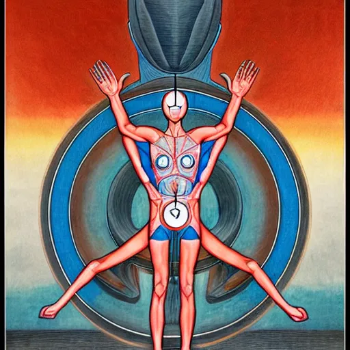 Prompt: ultraman vitruvian man bu james jean, surrealism