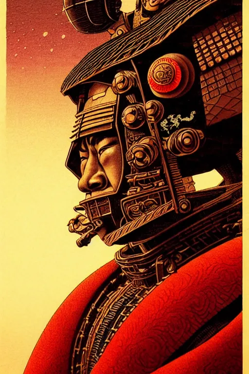 Image similar to japanese shogun, character portrait, portrait, close up, concept art, intricate details, highly detailed, blood moon background, soft light, vintage sci - fi poster, in the style of chris foss, rodger dean, moebius, michael whelan, and gustave dore