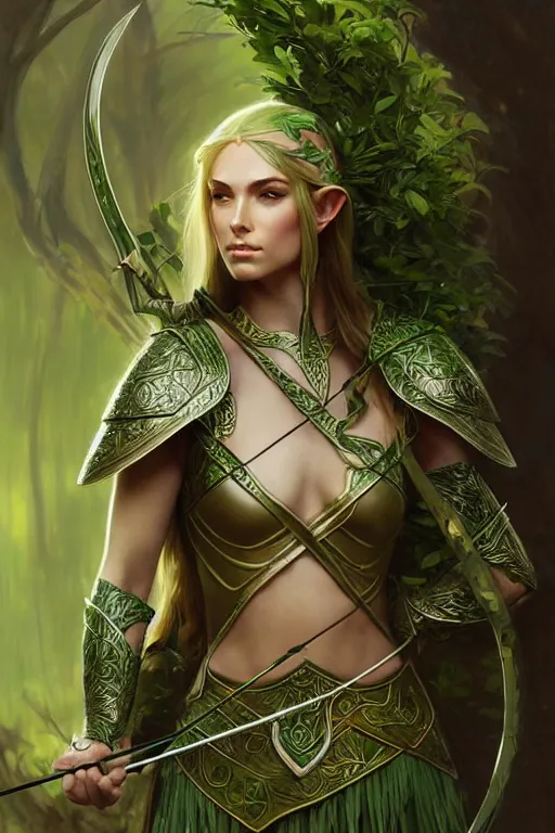 Image similar to male elven Archer armor made of green leaves, fantasy, amber eyes, face, long hair, intricate, elegant, highly detailed, digital painting, artstation, concept art, smooth, sharp focus, illustration, art by artgerm and greg rutkowski and alphonse mucha