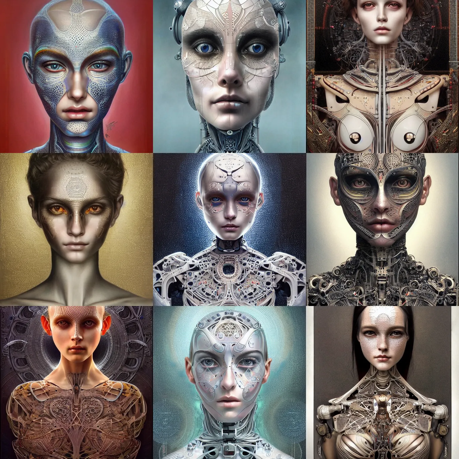 Prompt: humanoid robot, mechanical pattern skin, highly detailed, expressive eyes, beautiful symmetric body, perfect proportions, highly intricate, art by tom bagshaw and alex gray