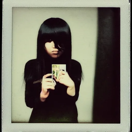 Image similar to aesthetic full - body polaroid photograph of emo japanese girl, long hair and fringe