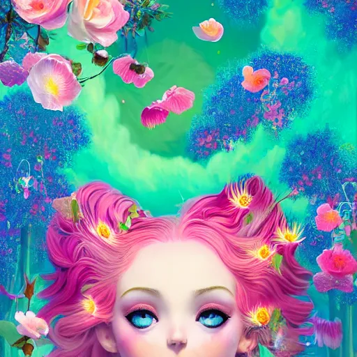 Image similar to a divine feminine goddess, pink hair, rosey cheeks, sparkles on eyelids, surrounded by lush flowers and feathers in bright abstract colours, manga ultra realistic digital painting, artstation, concept art, pop, smooth, sharp focus, illustration, art by mark ryden and lisa frank 3 d 8 k ultra detailed