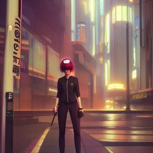 Image similar to a woman standing next to a pole in a city, cyberpunk art by Ilya Kuvshinov, cgsociety, photorealism, 2d game art, official art, daz3d