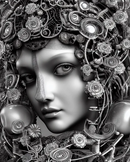 Image similar to mythical dreamy black and white organic bio-mechanical spinal ribbed profile face portrait detail of translucent steampunk beautiful female angelic-human-queen-vegetal-cyborg, highly detailed, intricate crystal ivy jelly ornate, poetic, translucent roses ornate, 3D render, digital art, octane render, 8K artistic photography, photo-realistic, by Dora Maar