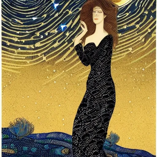 Image similar to A beautiful computer art of a woman with long flowing hair, wild animals, and a dark, starry night sky. snakeskin by Jean-Louis Forain