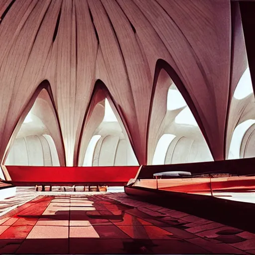 Image similar to interior of a futuristic lotus temple with gold, red and white marble panels, in the desert, by buckminster fuller and syd mead, intricate contemporary architecture, photo journalism, photography, cinematic, national geographic photoshoot