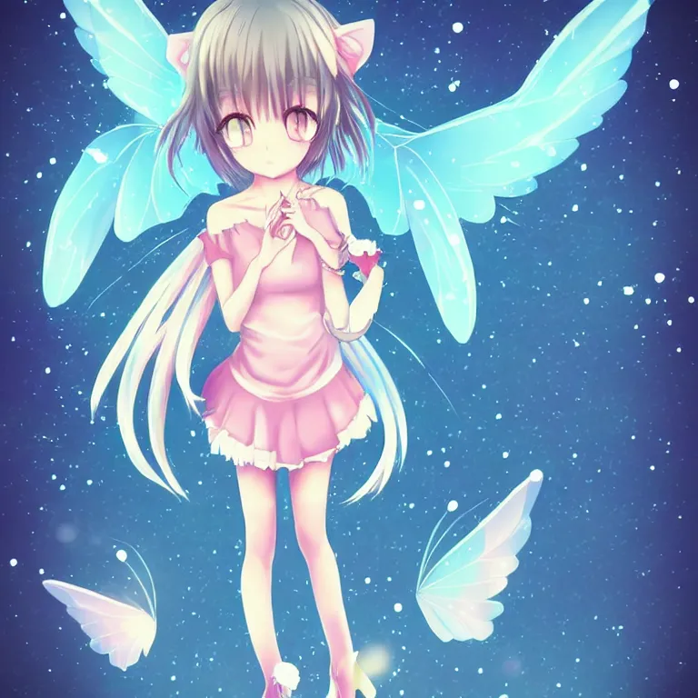 Image similar to cute, full body, female, anime style, a cat girl with fairy wings, large eyes, beautiful lighting, sharp focus, simple background, creative, heart effects, filters applied, illustration