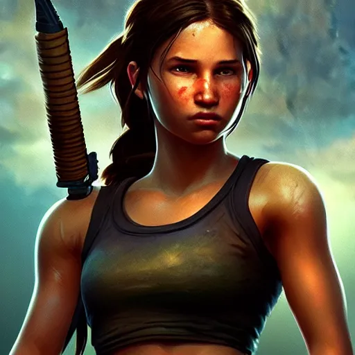 Image similar to realistic young Lara Croft portrait, atmospheric lighting, painted, intricate, volumetric lighting, beautiful, rich deep colors masterpiece, golden hour, sharp focus, ultra detailed, by Leesha Hannigan, Ross Tran, Thierry Doizon, Kai Carpenter, Ignacio Fernández Ríos