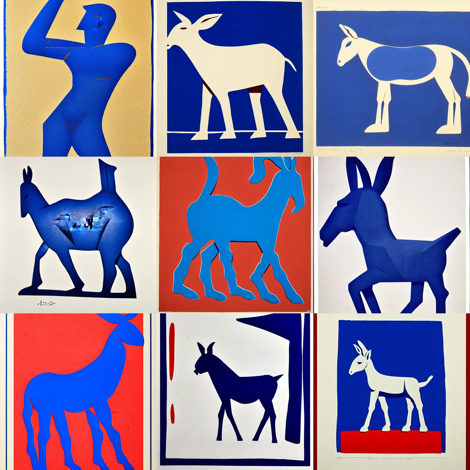 Image similar to lithograph of donkey!! cycladic sculpture, simplified, silhouette, full body, solid colors, block print, iconic, side view, centered, white background, ultramarine blue and red iron oxide