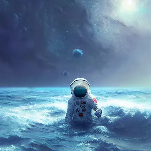 Image similar to an astronaut lost in the ocean,digital art,detailed,ultra realistic,art by greg rutkowski