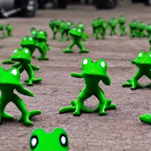 Prompt: an army of green frogs, preparing for war, standing on 2 feet, plague,