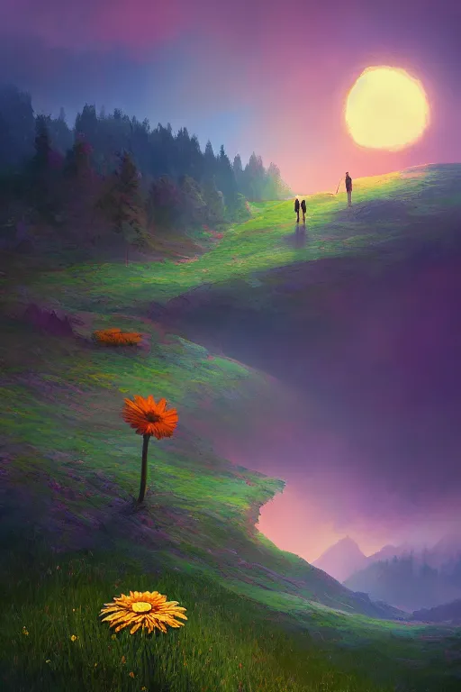 Image similar to giant daisy flower head, walking in the mountains, surreal photography, sunrise, dramatic light, impressionist painting, colorful clouds, digital painting, artstation, simon stalenhag