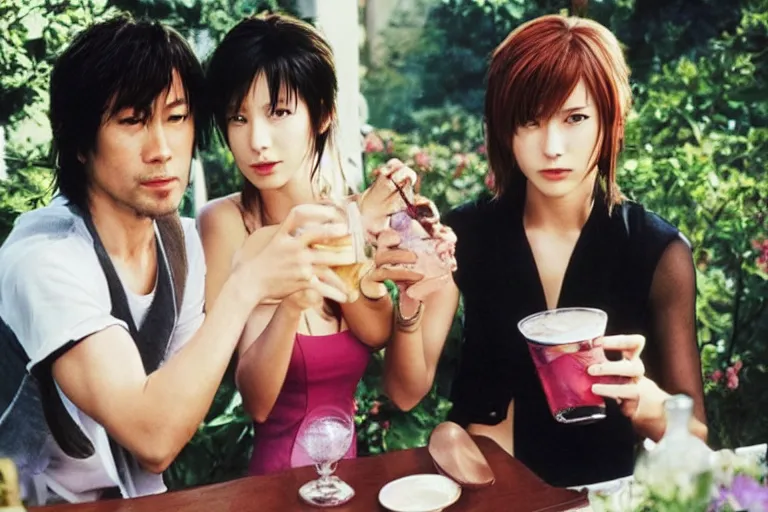 Image similar to makoto kusanagi and aerith gainsbourgh share drinks on the veranda, photographed by annie liebovitz