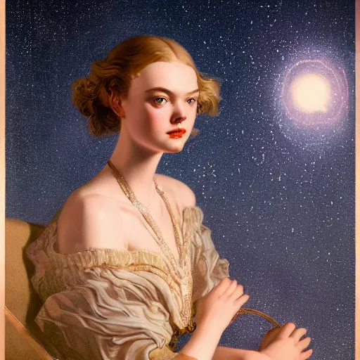 Prompt: leyendecker and peter paul rubens, head and shoulders portrait of a elle fanning, nighttime, at the pool, starry sky, unreal engine, fantasy art by global illumination, radiant light, detailed and intricate environment