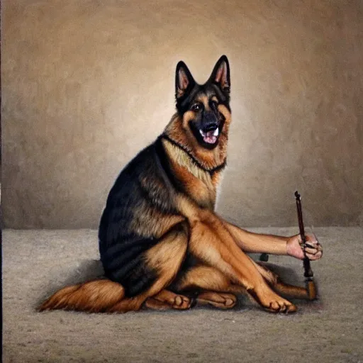 Image similar to a oil painting of a humanoid german shepherd beast - man, wearing military outfit, sitting on the carpeted floor beside a bed