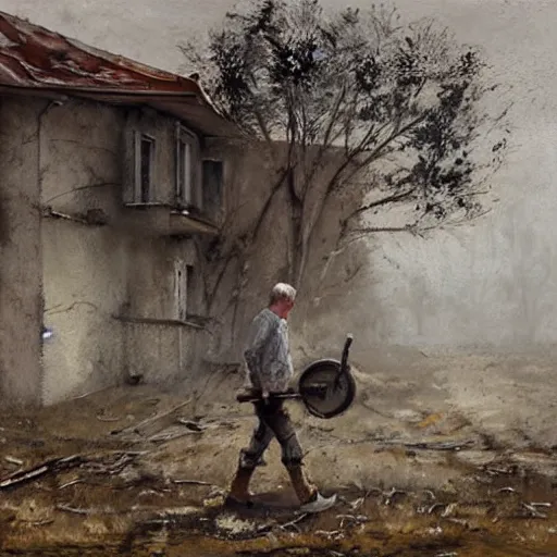 Image similar to painting by jakub rozalski of a person walking with a wheelbarrow in an abandoned post soviet town infested with root monsters