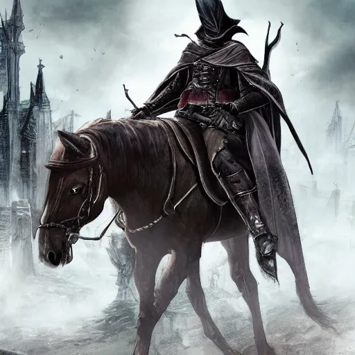 Image similar to Bloodborne character ends up in the world of Elden Ring riding a horse, detailed, award winning, unique