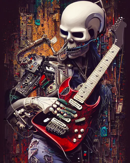 Prompt: a portrait of an anthropomorphic cyberpunk metal skull, shredding an electric guitar by sandra chevrier, by jon foster, detailed render, epic composition, cybernetics, 4 k realistic, fender stratocaster, cryengine, realistic shaded lighting, sharp focus, masterpiece, by enki bilal
