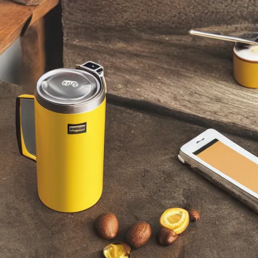 Image similar to yellow coffee mug that looks like a rimowa portmanteau, steaming coffee