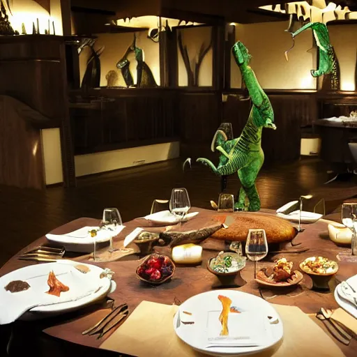 Image similar to dinosaurs dinning at a fancy restaurant