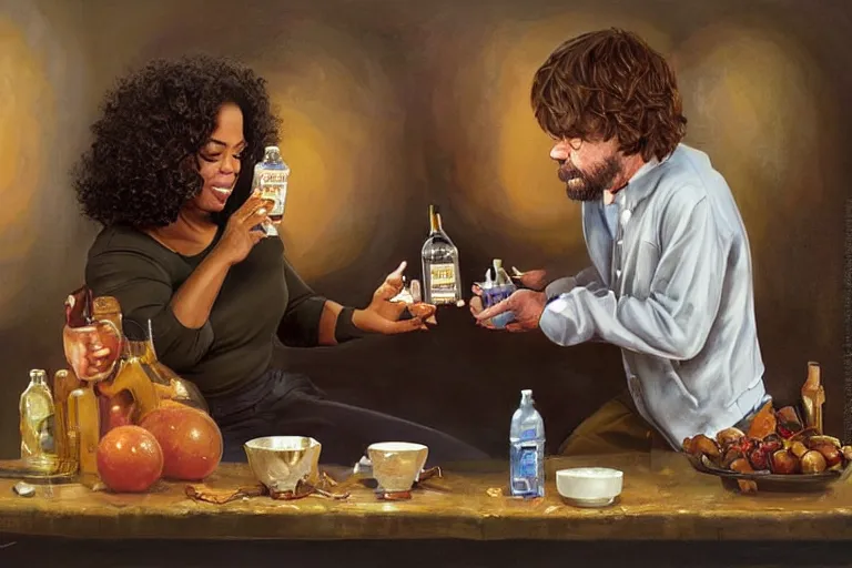 Image similar to portrait of oprah winfrey feeding peter dinklage a bottle, an oil painting by ross tran and thomas kincade