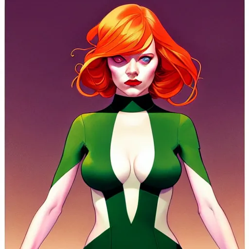 Image similar to joshua middleton, phil noto, artgerm, emma stone poison ivy dc comics, vines, symmetrical eyes, city rooftop