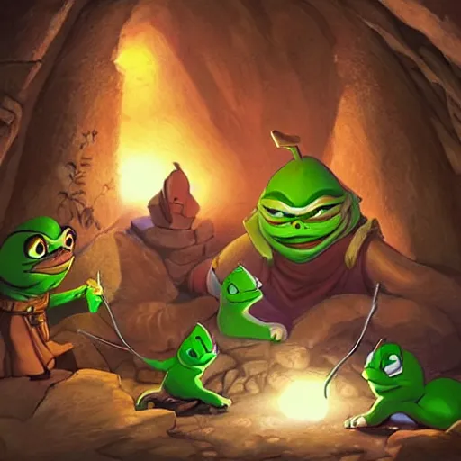 Prompt: D&D, a group of pepe digging in a tunnel by torchlight, artwork by Artgerm, Don Bluth