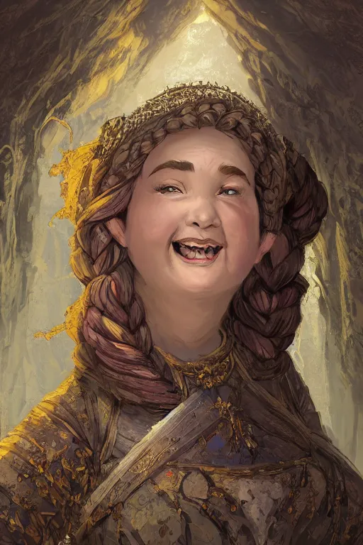 Prompt: A cheerful chubby female dwarf royal maid in the dwarven stone palace, highly detailed face, neat intricate complex braided hair, big nose, realistic, beautiful, fantasy art, dungeons and dragons, lord of the rings, in the style of Thomas Kinkade and Wojciech Siudmak, pleasant cozy atmosphere, illustration, fantasy, intricate, hyper detailed, artstation, concept art, smooth, sharp focus, ray tracing, vibrant