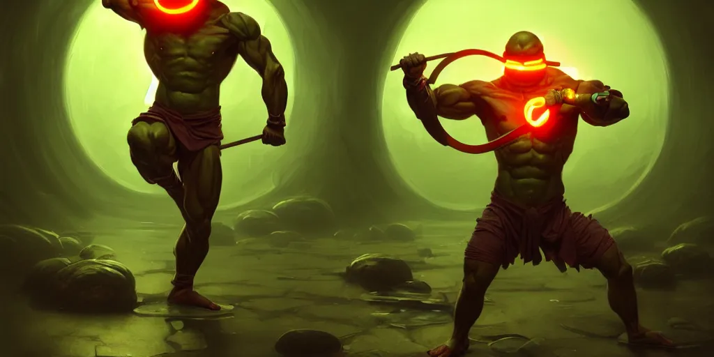 Image similar to a green skinned muscular humanoid bi pedal kung fu turtle, with an orange eye mask, holding nunchucks, heroic pose, cinematic, volumetric moody lighting in a sewer, highly detailed, digital painting, artstation, concept art, matte, sharp focus, illustration, art by artgerm and greg rutkowski and alphonse mucha