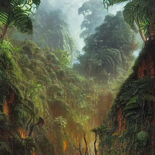 Image similar to artwork of the cinematic view of the glittery jungles by john howe, trending on artstation