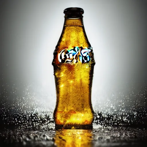 Image similar to coca - cola bottle in the center, droplets flow down the bottle, soft warm light, ultra - quality, super detail work, play of light, yellow light shining through, focus unreal engine 5,