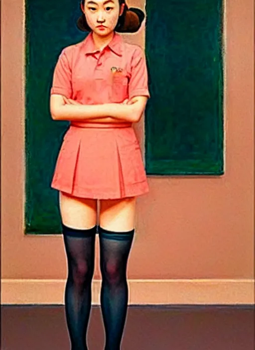 Prompt: oil painting of an asian annasophia robb in a learning uniform wearing stockings, teaching you a lesson in a void room full of existential horror painted by Bryan Lee O'Malley and Edward Hopper, John Singer Sargant, inspired by paintings of Francis Bacon and melting color palette of Mark Rothko