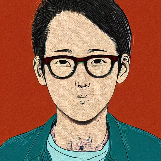 Image similar to a colorful portait of a 2 4 years old man with an orange sweetshirt made by inio asano, detailed