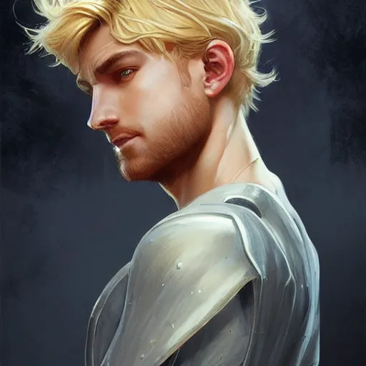 Image similar to an epic fantasy comic book style portrait painting of a confident blonde boy wearing plain thief clothes, d & d, fantasy, intricate, elegant, highly detailed, digital painting, artstation, concept art, matte, sharp focus, illustration, art by artgerm and greg rutkowski and alphonse mucha