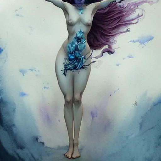 Prompt: full body portrait, long shot, Crucifixion pose, of a beautiful goddess, sworming in flowers, magical, pale skin, blue eyes, long black hair, floating in a misty daze, by pete mohrbacher and greg rutkowski, watercolor painting, deviantart, pinterest