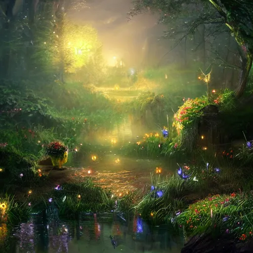 Image similar to fairy glowing magically at night concept art, realistic garden, beautiful, glorious, matte painting, highly detailed, trending on artstation, 4 k