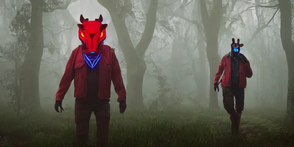 Prompt: a beautifully strange image of a gamekeeper wearing a solarpunk mechanical fluorescent mystical animal mask and red hoods. walking in the misty swamp. in style of fornite game. award winning. dramatic. trending on artstation. high quality. rendered by beeple, digital art, unreal engine 5, fornite game. octane render