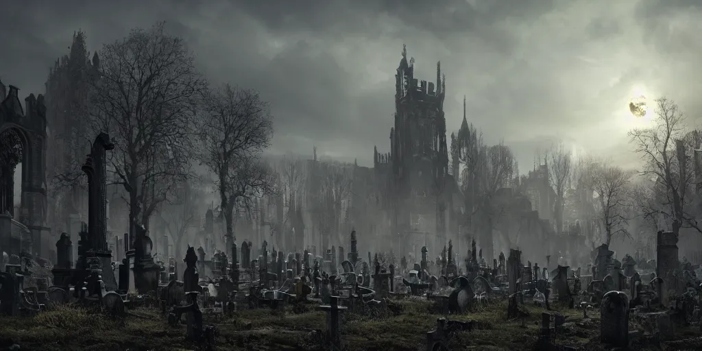 Prompt: A fancy landscape of a Medieval Graveyard by Greg Rutkowski, Sung Choi, Mitchell Mohrhauser, Maciej Kuciara, Johnson Ting, Maxim Verehin, Bloodborne, 8k photorealistic, volumetric lighting, HD, high details, dramatic, dark atmosphere, trending on artstation