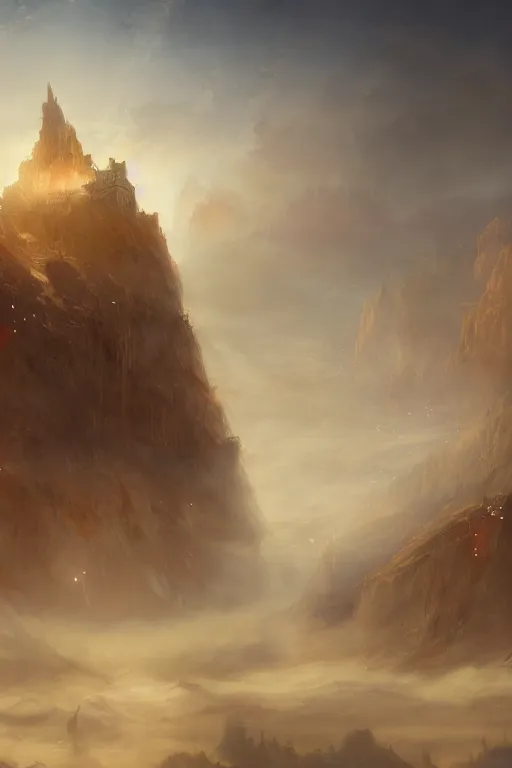 Image similar to breathtaking detailed soft painting of a dozens of flying swords of light, in golden clouds above a desert castle, strokes of mist and scarlet ribbons, german romanticism style, volumetric lighting, concept art, matte, sharp focus, art by celestialfang, matchach, juanmao, dustin panzino, trending on artstation